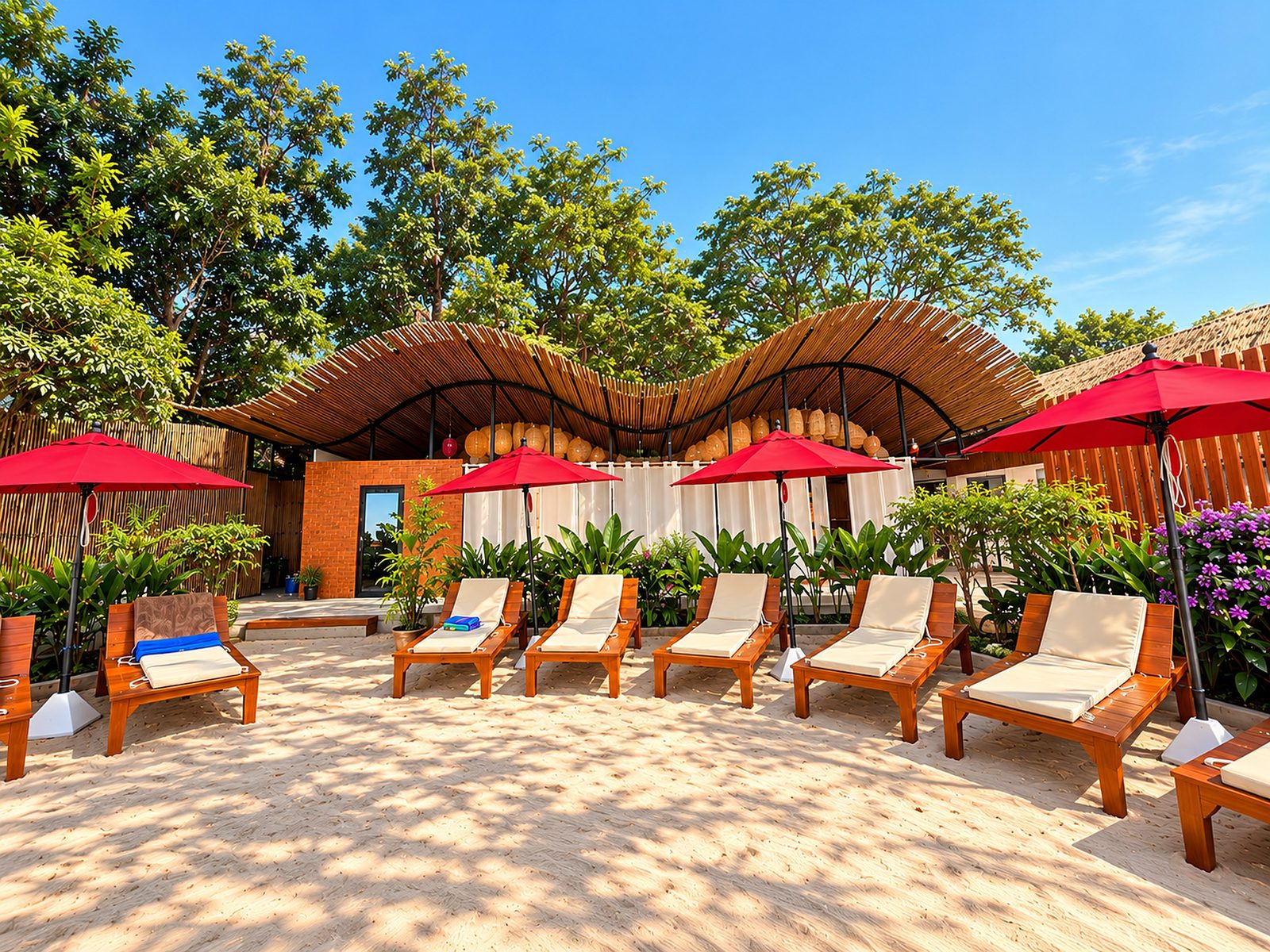 Red umbrellas and sun loungers