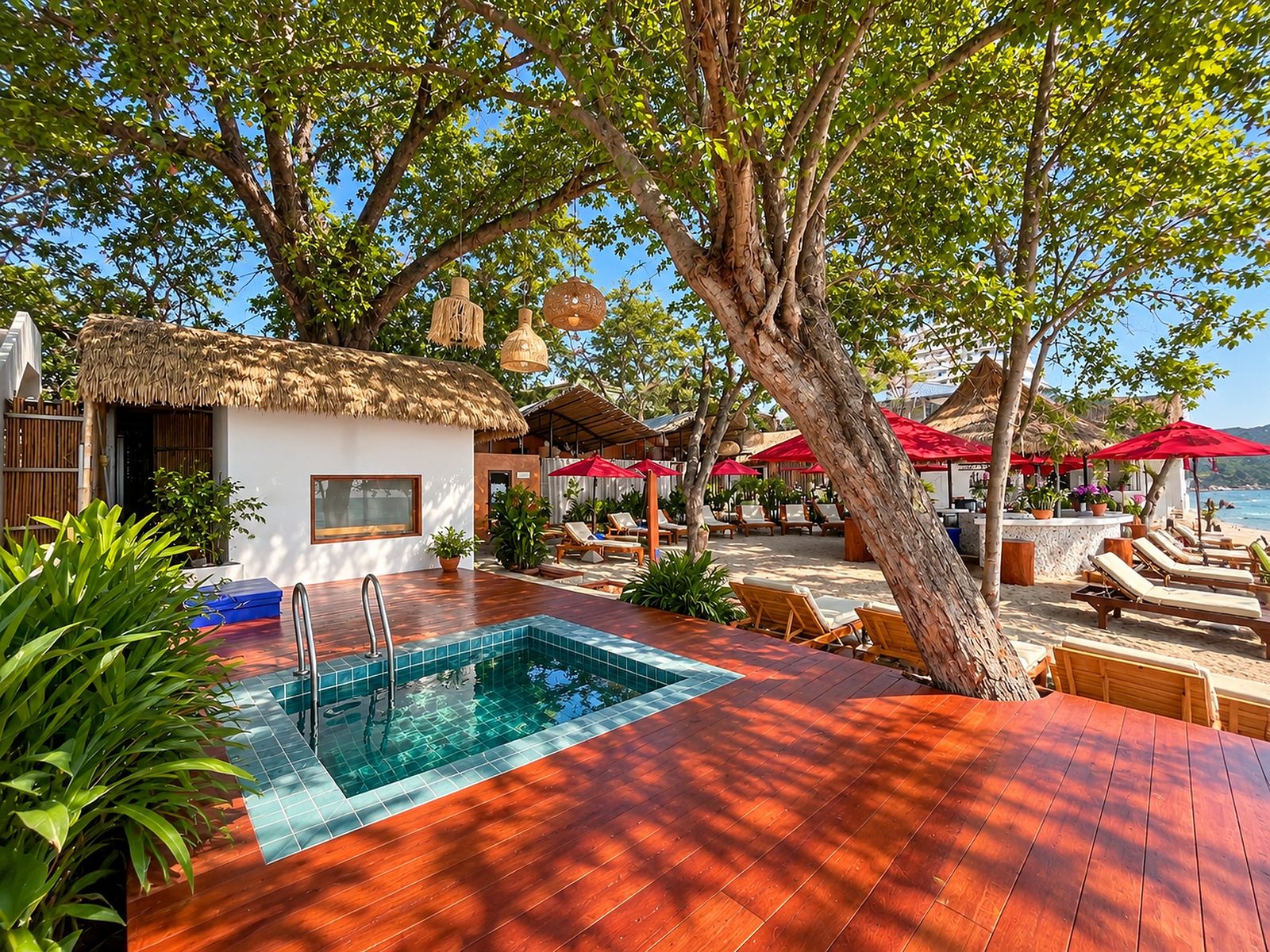 Teak deck with plunge pool and sauna hut